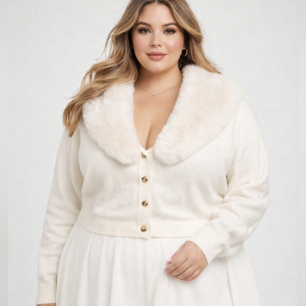 Retro Chic by Torrid Faux Fur Trimmed Cardigan Size 4X White Sweater EUC